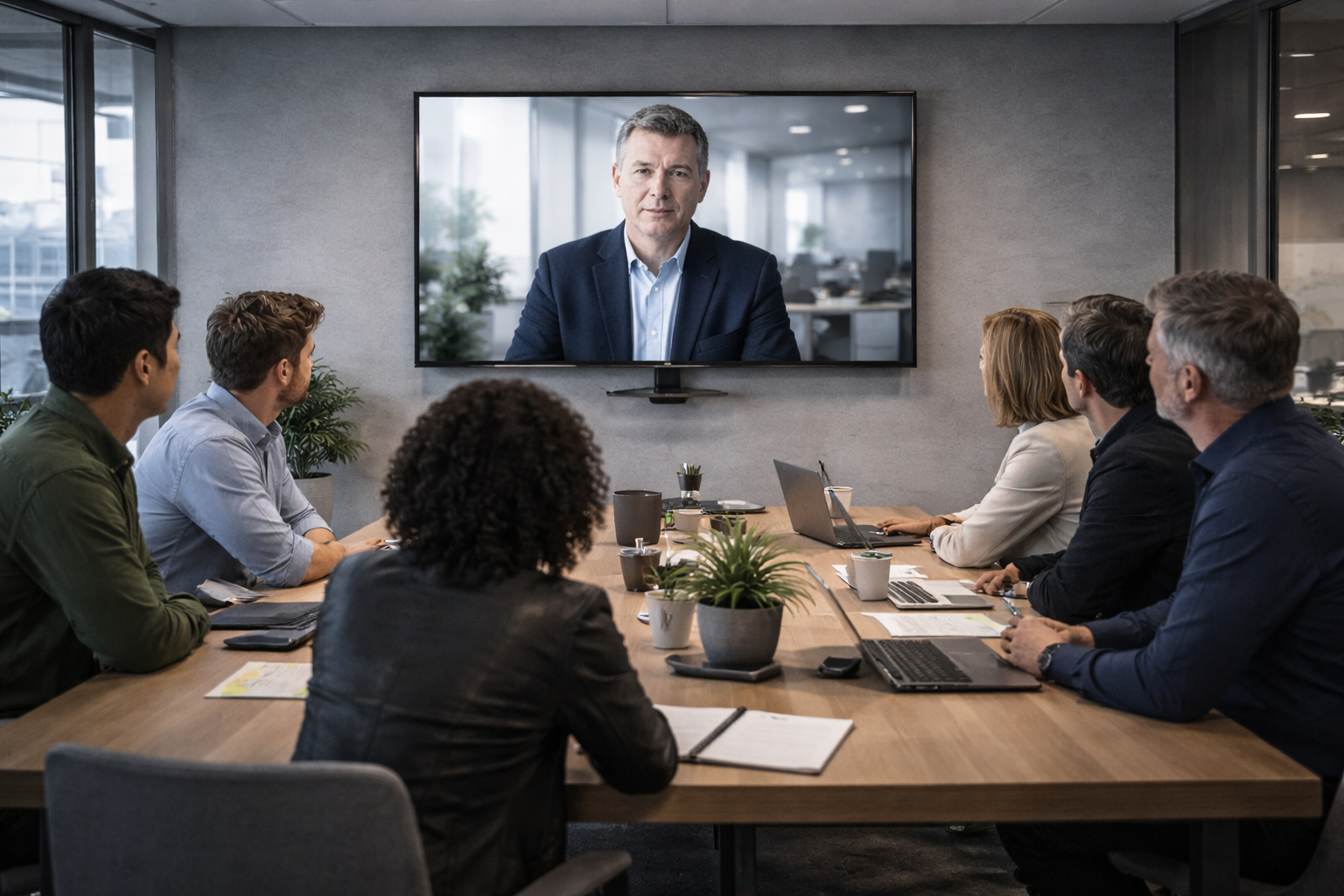 Product team in a conference room listening to a client speaking on a large screen during a remote planning meeting.